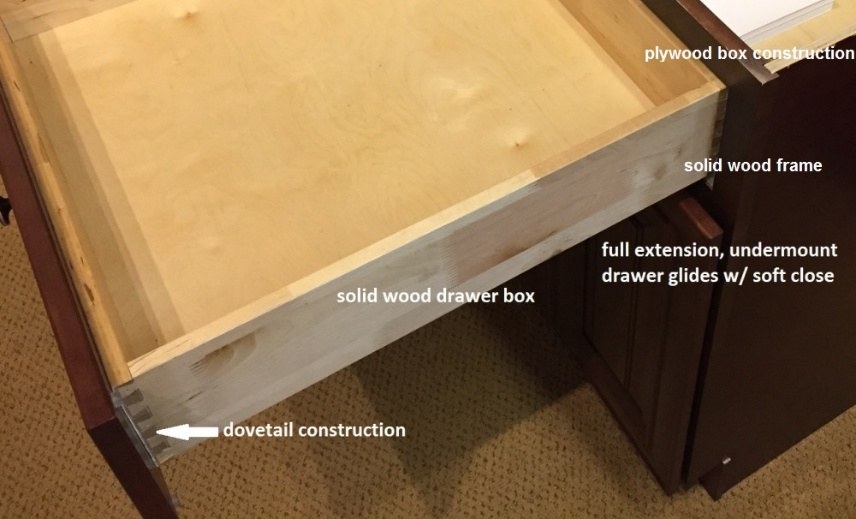 Glide-Lock cabinet construction detail showing plywood box construction, solid wood frame, solid wood dovetail drawer box, and full extension undermount soft close drawer glides