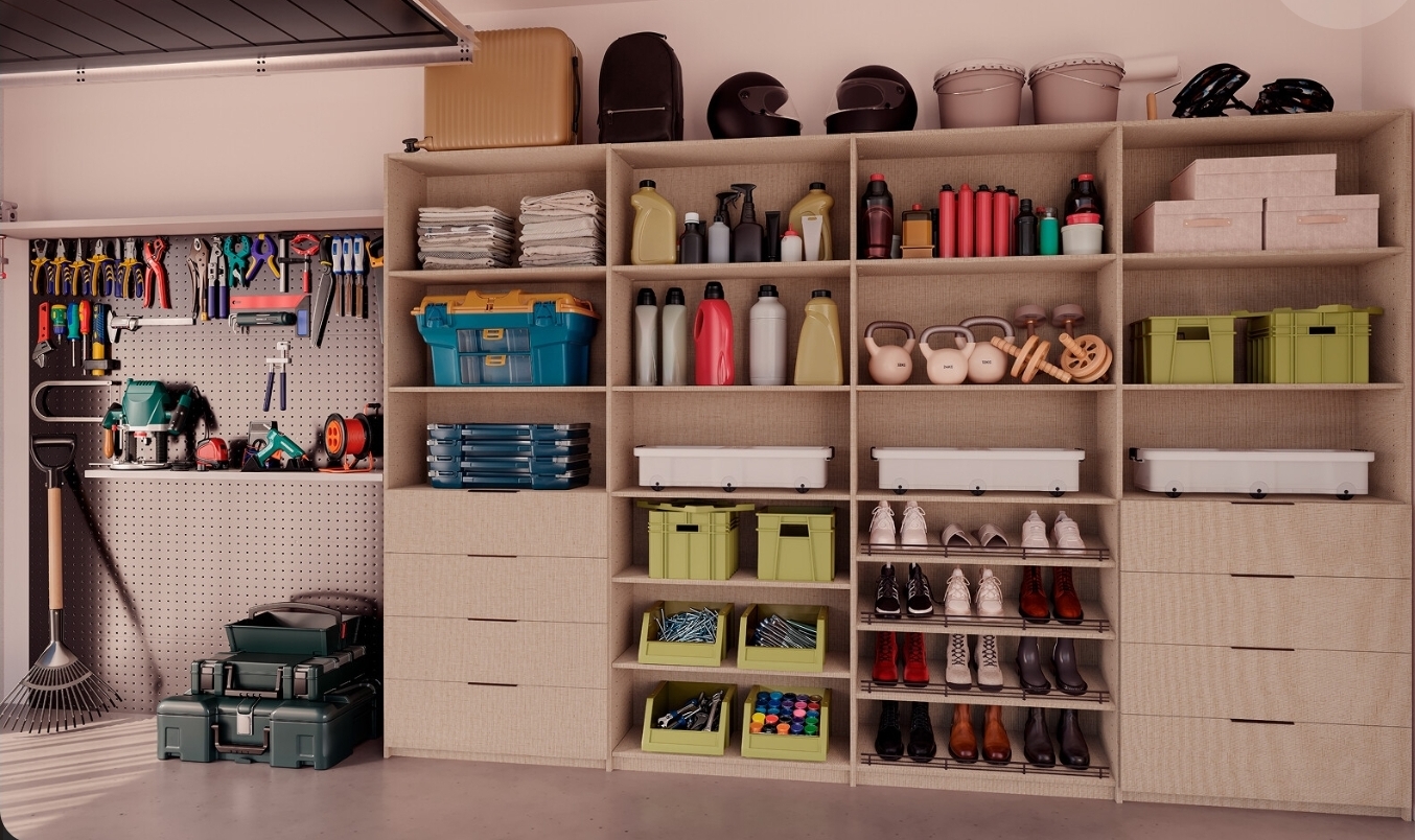 Garage storage wall with woodgrain open shelving, drawer banks, shoe racks, and a pegboard tool area