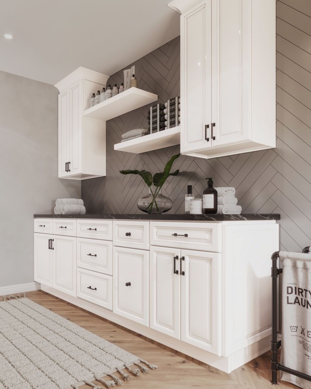 White Laundry Built-Ins with Open Shelves