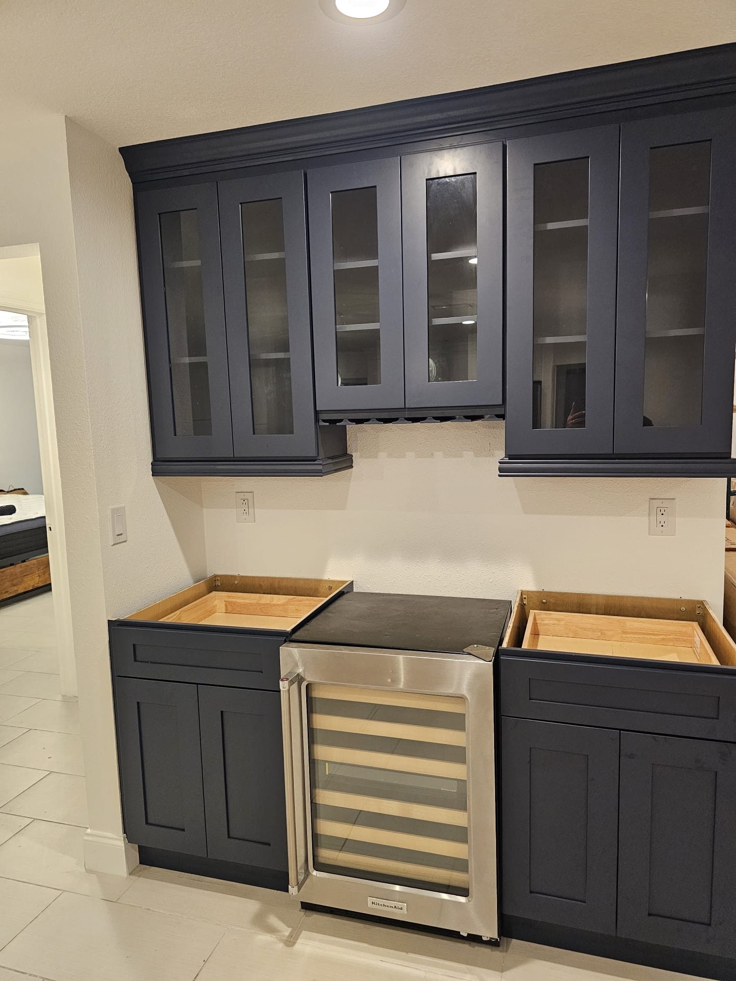 Navy Bar with Glass Uppers and Wine Fridge