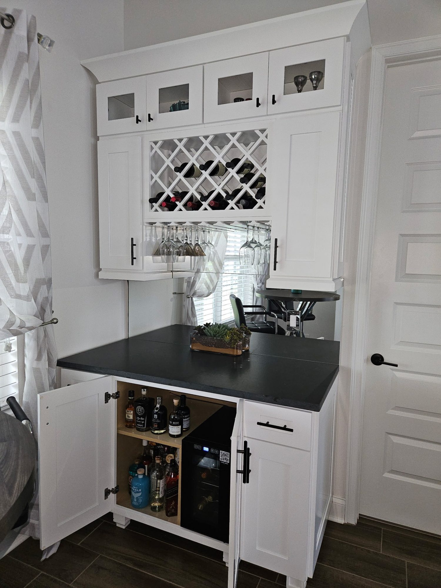 White Coffee Bar with Wine Rack and Open Cabinet